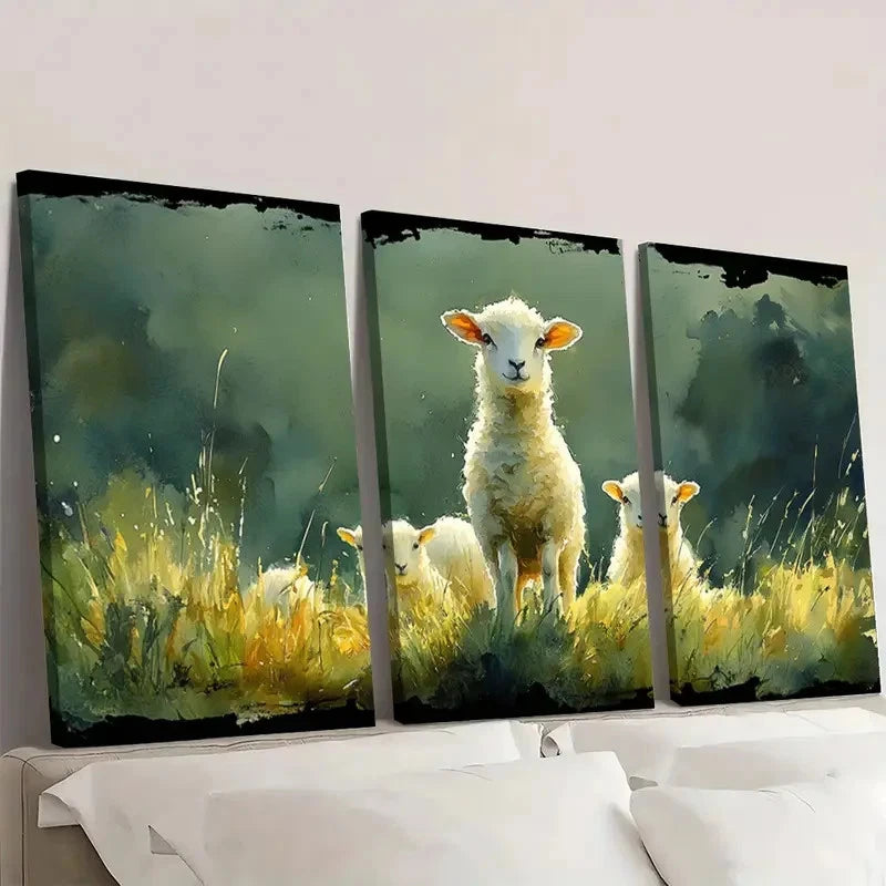 3pcs Irish Landscape Watercolor Lamb YU  Wall Art Set Canvas Framed 40x60cm - High Quality Print 100% Australian Made Wall Canvas Ready to Hang