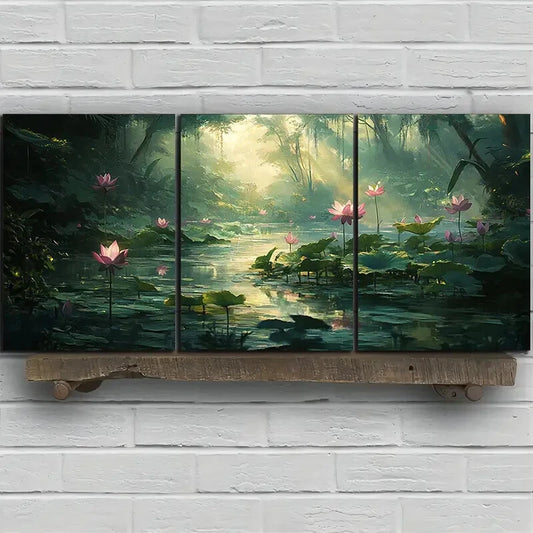 3pcs Lotus And Lotus Leaves in The Water Metal Print Ready to Hang Art