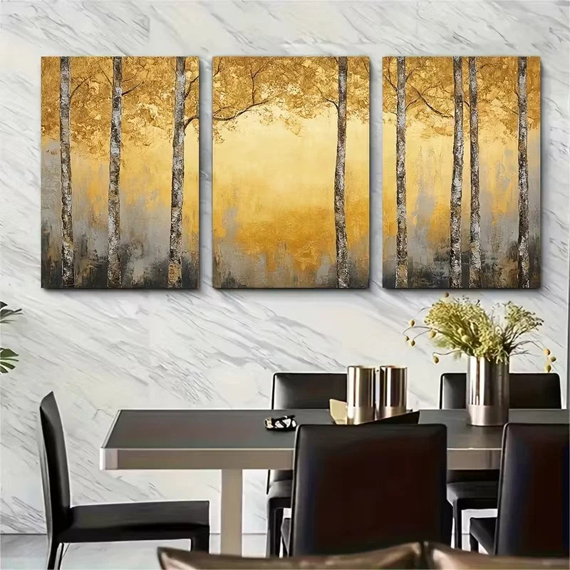 3pcs Golden Birch Forest Painting Metal Print Ready to Hang Art - Bella Home Decor