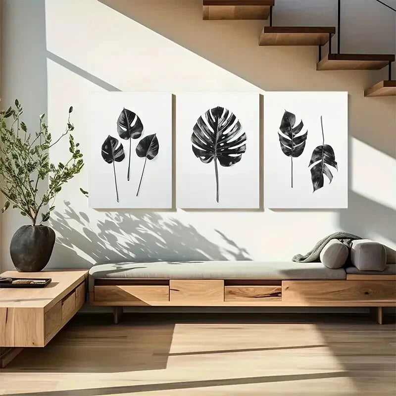 3pcs Tropical Palm Leaf Black & White Monstera Metal Print Ready to Hang Art - Bella Home Decor