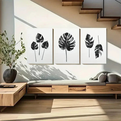 3pcs Tropical Palm Leaf Black & White Monstera Metal Print Ready to Hang Art - Bella Home Decor