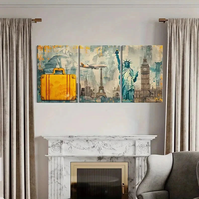 3pcs Statue Of Liberty Eiffel Tower Airplane Metal Print Ready to Hang Art - Bella Home Decor