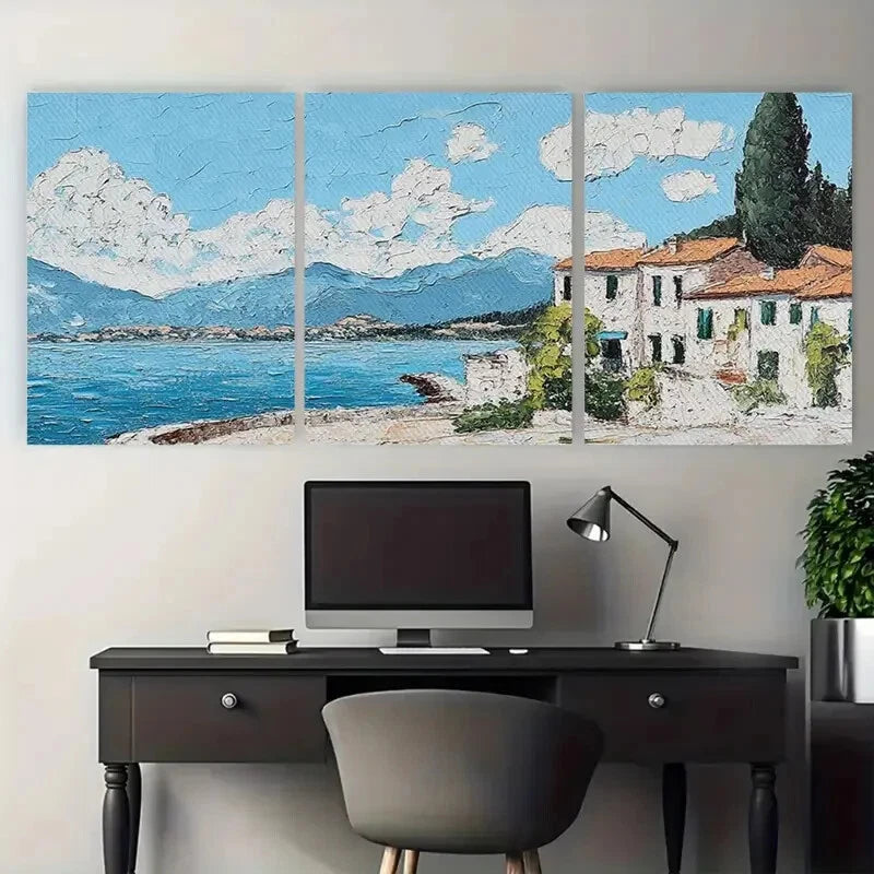 3pcs Impressionist of an Italian Seaside Villa Metal Print Ready to Hang Art