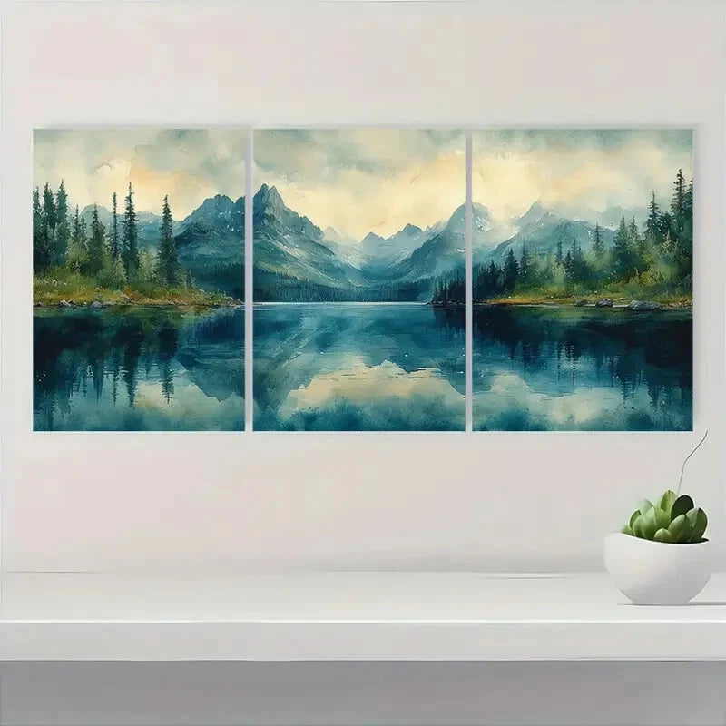 3pcs Mountain Lake Watercolor Glacier Park Metal Print Ready to Hang Art - Bella Home Decor