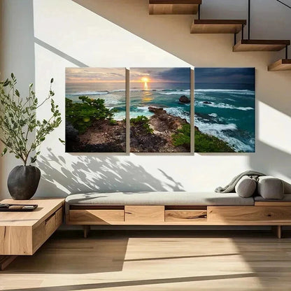 3pcs Sunset Coastline Ocean Waves & Rocky Shore Wall Art Set Canvas Framed 50x70cm - High Quality Print 100% Australian Made Wall Canvas Ready to Hang - Bella Home Decor