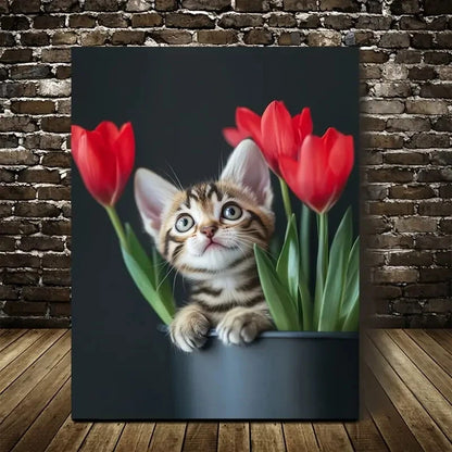 Cute Bengal Kitten with Red Tulips Painting 40x60cm Metal Print Ready to Hang - Bella Home Decor