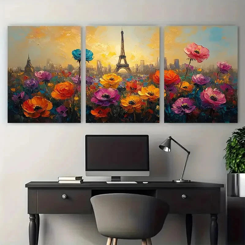3pcs France Cityscape with Abstract Flowers Design Metal Print Ready to Hang Art - Bella Home Decor