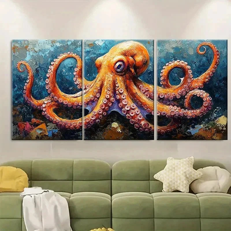 3pcs Dark Blue & Orange Sea Decor Octopus Q Wall Art Set Canvas Framed 60x90cm - High Quality Print 100% Australian Made Wall Canvas Ready to Hang - Bella Home Decor