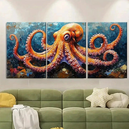 3pcs Dark Blue & Orange Sea Decor Octopus Q Wall Art Set Canvas Framed 60x90cm - High Quality Print 100% Australian Made Wall Canvas Ready to Hang - Bella Home Decor