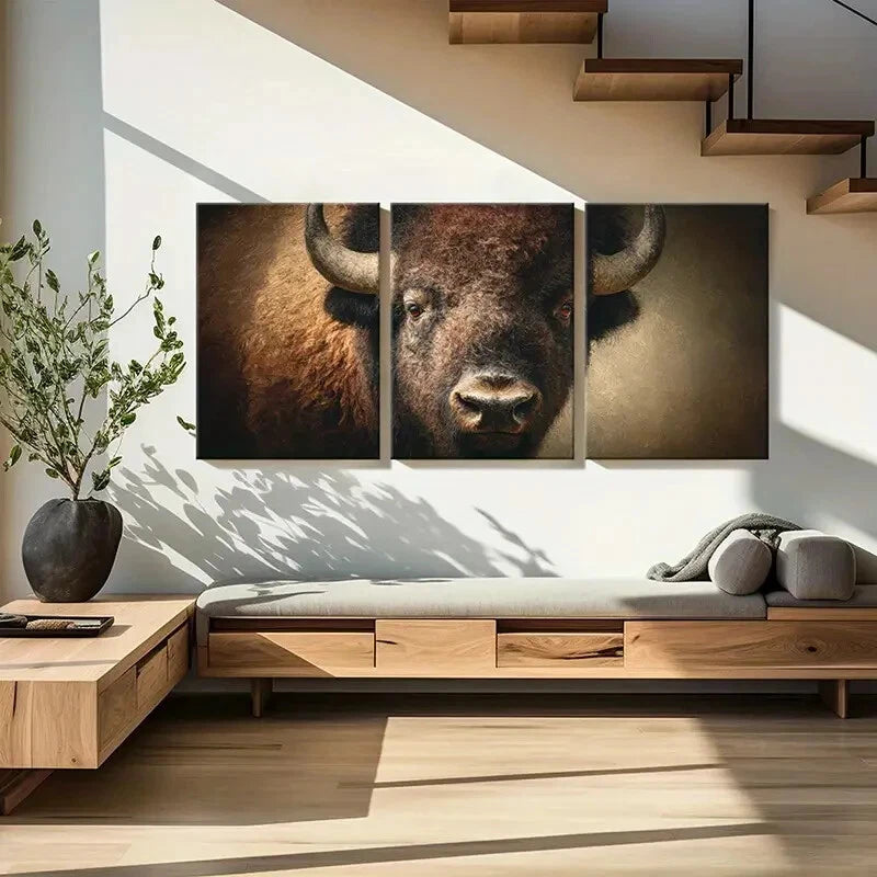 3pcs Artistic Bison Portrait Wildlife Art Metal Print Ready to Hang Art - Bella Home Decor