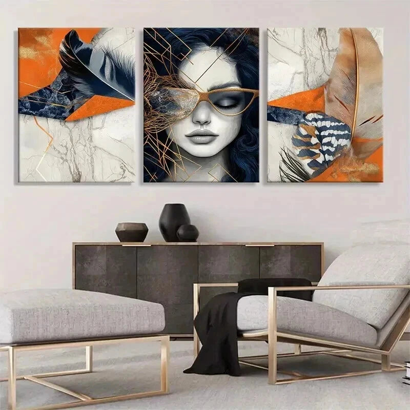 3pcs Abstract Woman Geometric Element Perfect Wall Art Set Canvas Framed 50x70cm - High Quality Print 100% Australian Made Wall Canvas Ready to Hang