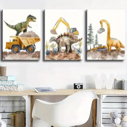 3pcs Dinosaur Construction And Excavation with Dump Trucks Art Set Canvas Unframed - High Quality Print 100% Australian Made Wall Canvas