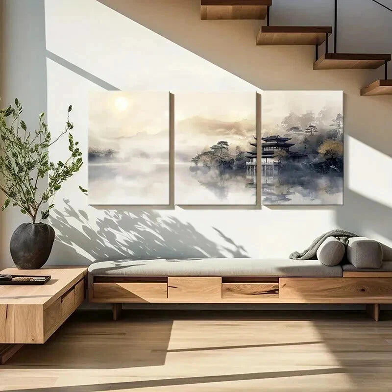 3pcs Chinese Landscape & Mountain Scenery Wall Art Set Canvas Framed 50x70cm - High Quality Print 100% Australian Made Wall Canvas Ready to Hang - Bella Home Decor