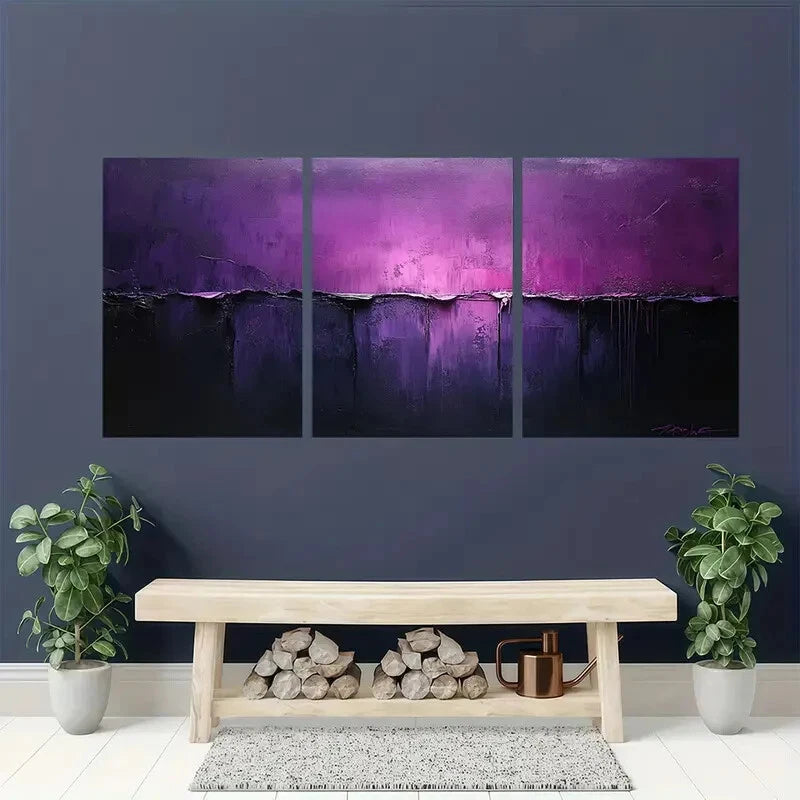 3pcs Painting Purple Abstract Textured Art Metal Print Ready to Hang Art - Bella Home Decor
