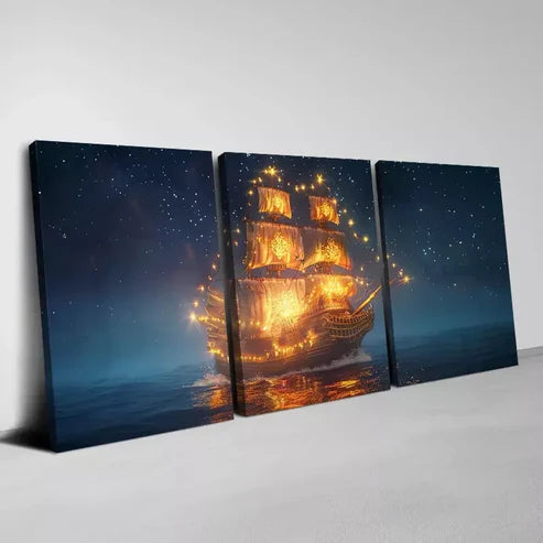 3pcs Enchanting Sailboat Under the Stars Wall Art Canvas Unframed - High Quality Print 100% Australian Made Wall Canvas