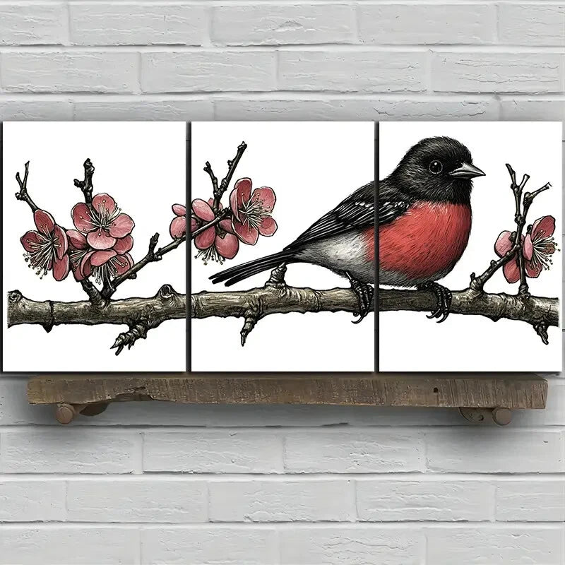 3pcs Birds on Plum Blossom Botanical Branches Metal Print Ready to Hang Art - Bella Home Decor