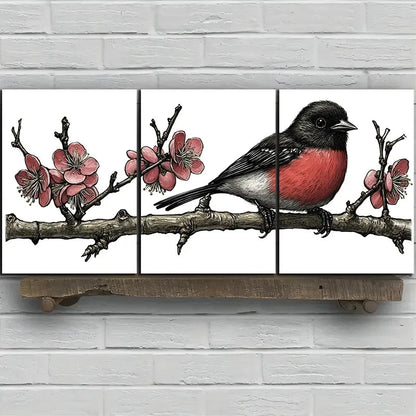 3pcs Birds on Plum Blossom Botanical Branches Metal Print Ready to Hang Art - Bella Home Decor