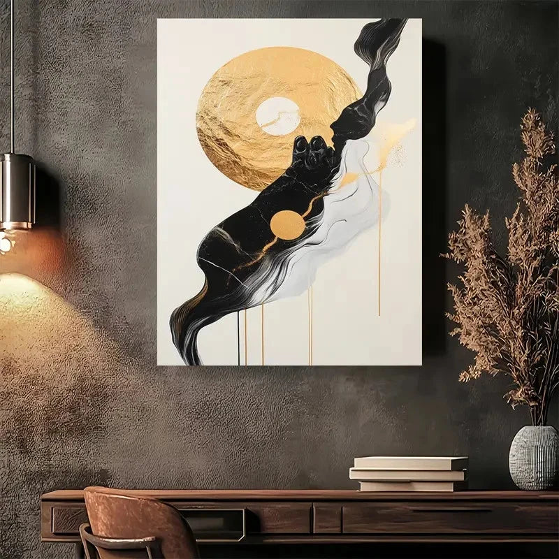Beautiful Modern Abstract Golden Black White Painting 40x60cm Metal Print Ready to Hang - Bella Home Decor