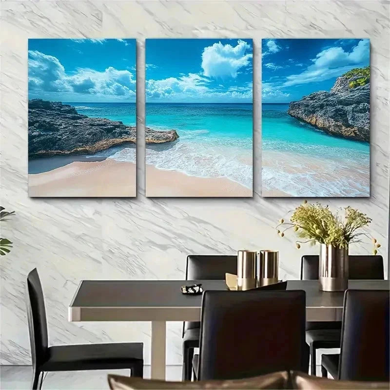 3pcs Bermuda Beach Sandy Shores & Clear Perfect Wall Art Set Canvas Framed 50x70cm - High Quality Print 100% Australian Made Wall Canvas Ready to Hang - Bella Home Decor