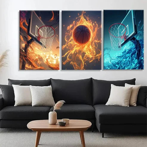 3pcs Basketball Fire and Water Themed Perfect Wall Art Canvas Unframed - High Quality Print 100% Australian Made Wall Canvas - Bella Home Decor