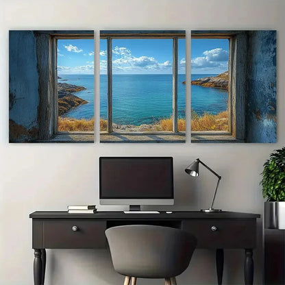3pcs Window View Bay Cove Illustration Metal Print Ready to Hang Art - Bella Home Decor