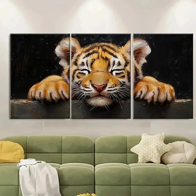 3pcs Tiger Cub Oil Painting Animals TU  Wall Art Set Canvas Framed 50x70cm - High Quality Print 100% Australian Made Wall Canvas Ready to Hang