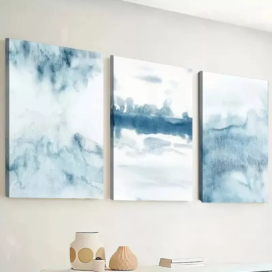 3pcs Featuring a Minimalist Blue-Themed Abstract Wall Art Set Canvas Framed 40x60cm - High Quality Print 100% Australian Made Wall Canvas Ready to Hang