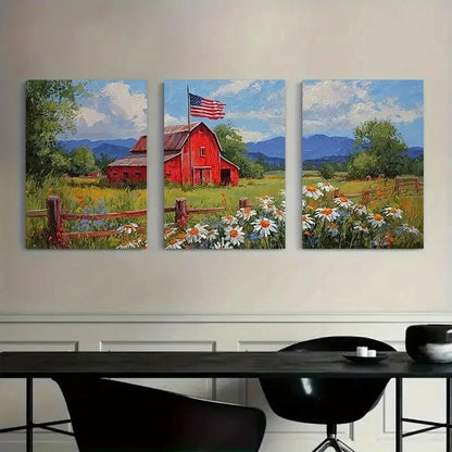 3pcs American Flag Red Barn & Floral Farmhouse Metal Print Ready to Hang Art - Bella Home Decor