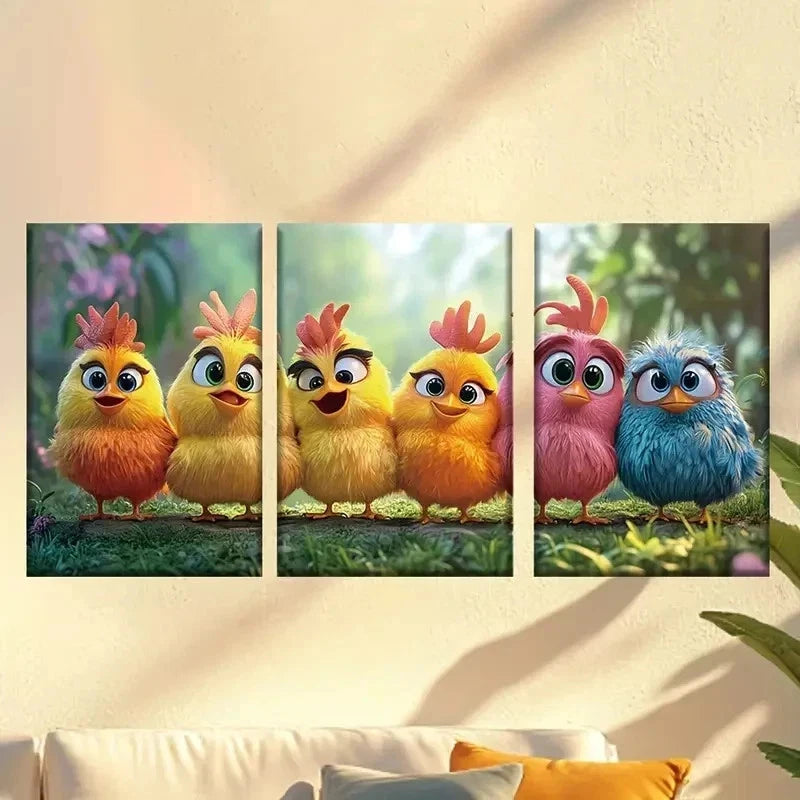 3pcs Adorable Pixar-Style Chicks in Vibrant Wall Art Set Canvas Framed 60x90cm - High Quality Print 100% Australian Made Wall Canvas Ready to Hang - Bella Home Decor