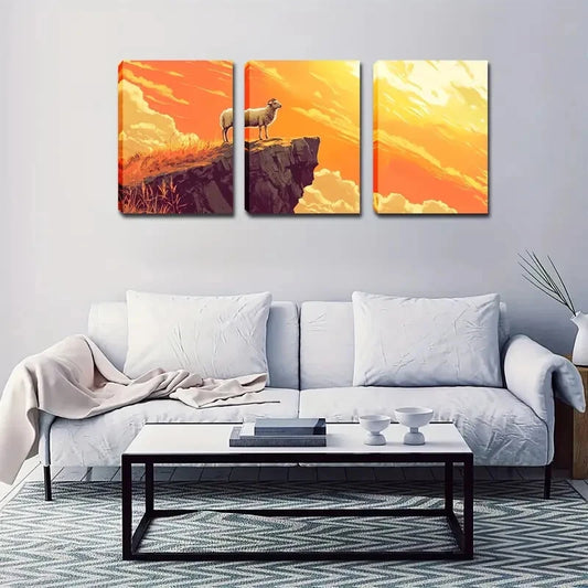 3pcs Sheep Standing on a Cliff , Wall Art Set Canvas Framed 40x60cm - High Quality Print 100% Australian Made Wall Canvas Ready to Hang