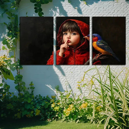 3pcs The Girl in Red and The Bird Modern Design Metal Print Ready to Hang Art - Bella Home Decor