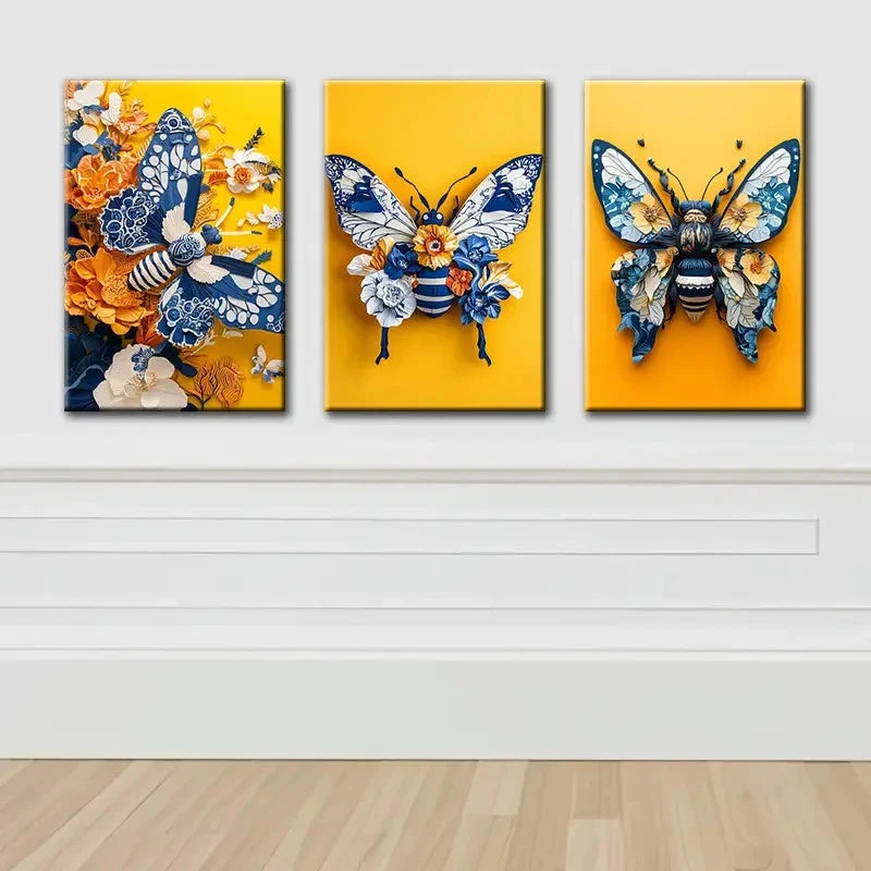 3pcs Butterfly Themed Textured Painting Wall Art Set Canvas Framed 60x90cm - High Quality Print 100% Australian Made Wall Canvas Ready to Hang - Bella Home Decor