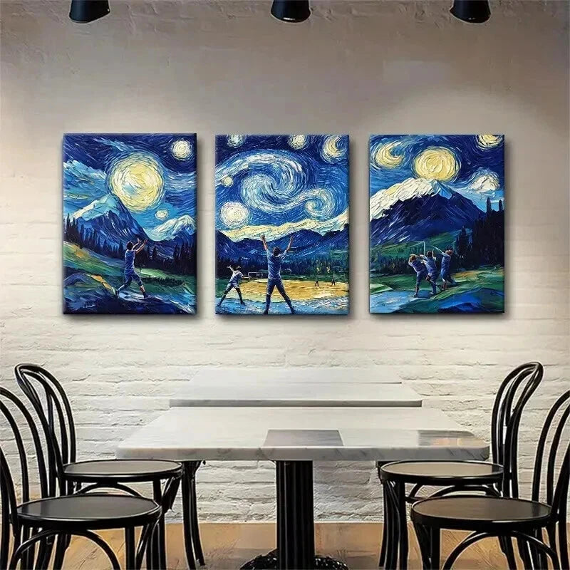 3pcs Baseball Starry Gogh Style Night Perfect Wall Art Set Canvas Framed 50x70cm - High Quality Print 100% Australian Made Wall Canvas Ready to Hang - Bella Home Decor
