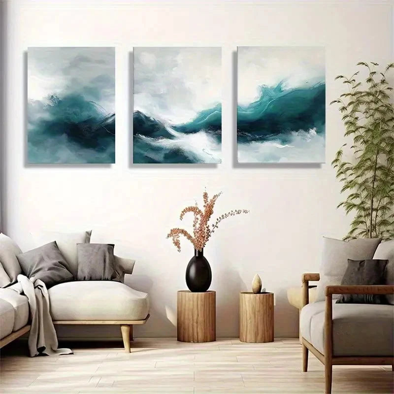 3pcs Abstract Wave Teal and White Seascape Metal Print Ready to Hang Art - Bella Home Decor