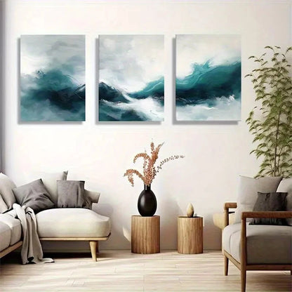 3pcs Abstract Wave Teal and White Seascape Metal Print Ready to Hang Art - Bella Home Decor