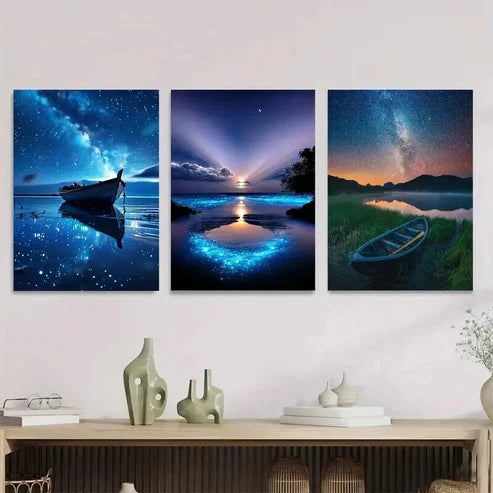 3pcs Starry Night Sky Blue Galaxy Landscape Wall Art Set Canvas Unframed - High Quality Print 100% Australian Made Wall Canvas