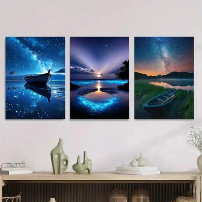 3pcs Starry Night Sky Blue Galaxy Landscape Wall Art Set Canvas Unframed - High Quality Print 100% Australian Made Wall Canvas