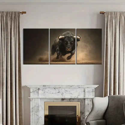 3pcs Bull Charge Dust Cloud Dynamic Action Metal Print Ready to Hang Art - Bella Home Decor