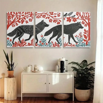 3pcs Black and Red Forest With Three Wolves Metal Print Ready to Hang Art