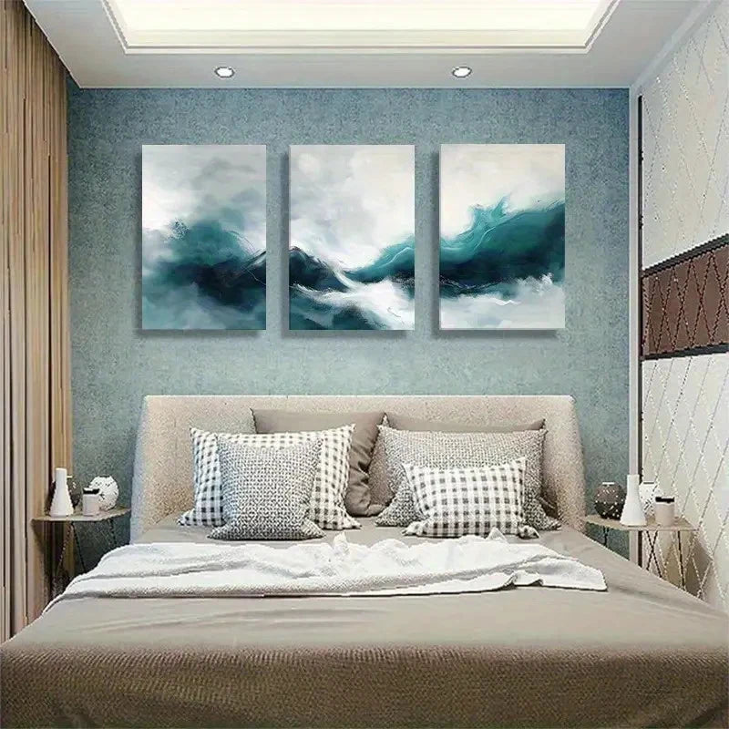 3pcs Abstract Wave Teal and White Seascape Metal Print Ready to Hang Art - Bella Home Decor