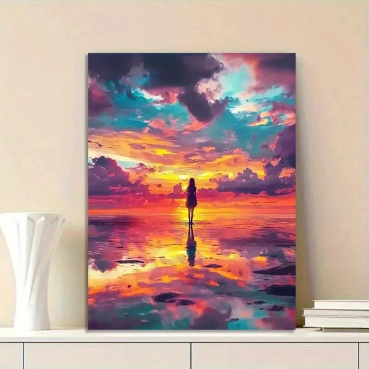 Girl Stands On The Beach, with Colorful Clouds in Sky 40x60cm Metal Print Ready to Hang