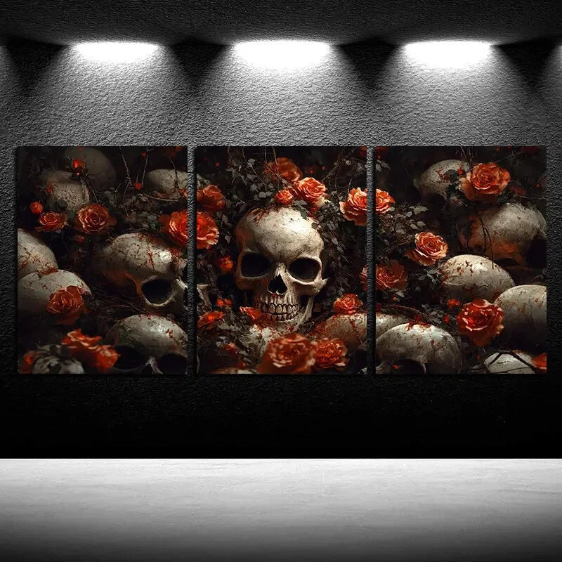 3pcs Modern Gothic Floral Skull Design Metal Print Ready to Hang Art - Bella Home Decor