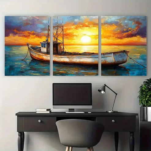 3pcs Vintage Fishing Boat Seaside Coastal Design Wall Art Canvas Unframed - High Quality Print 100% Australian Made Wall Canvas
