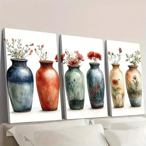 3pcs Antique Vases Botanical Plant Illustra Wall Art Set Canvas Unframed - High Quality Print 100% Australian Made Wall Canvas