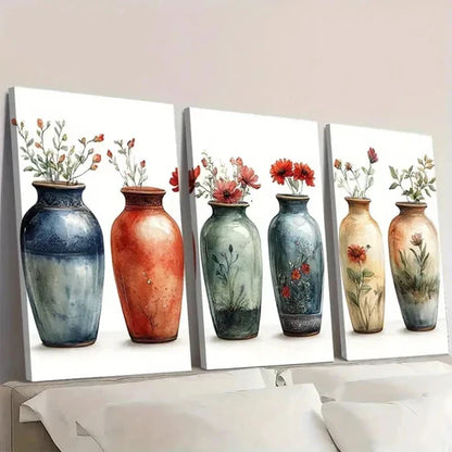 3pcs Antique Vases Botanical Plant Illustra Wall Art Set Canvas Unframed - High Quality Print 100% Australian Made Wall Canvas
