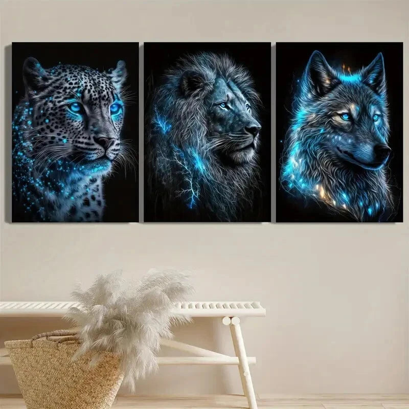 3pcs Blue Frost Leopard Lion Wolf Glowing Eyes Metal Print Ready to Hang Art - Bella Home Decor