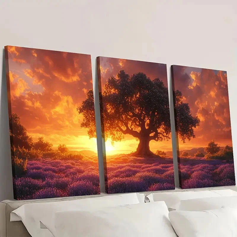 3pcs Painting of an Oak Tree at Sunset PO     Wall Art Set Canvas Framed 60x90cm - High Quality Print 100% Australian Made Wall Canvas Ready to Hang
