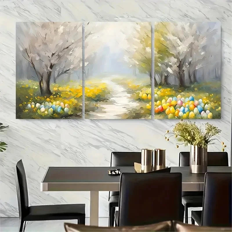 3pcs Blooming Trees & Colorful Eggs Scene Metal Print Ready to Hang Art - Bella Home Decor