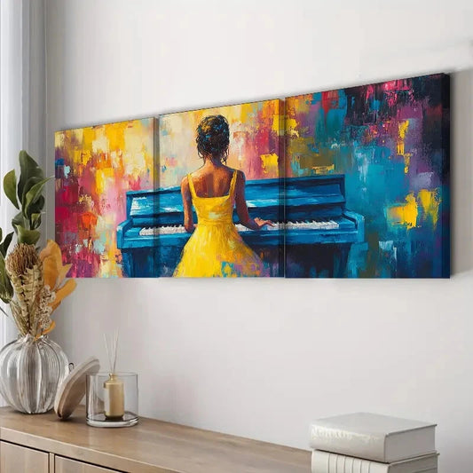 3pcs The Piano Player Colorful Music Themed Girl Art Set Canvas Framed 40x60cm - High Quality Print 100% Australian Made Wall Canvas Ready to Hang
