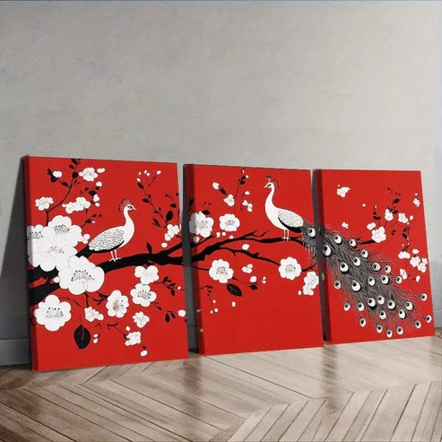 3 PCS Modern Peacock & Floral Design Wall Art Set Canvas Unframed - High Quality Print 100% Australian Made Wall Canvas